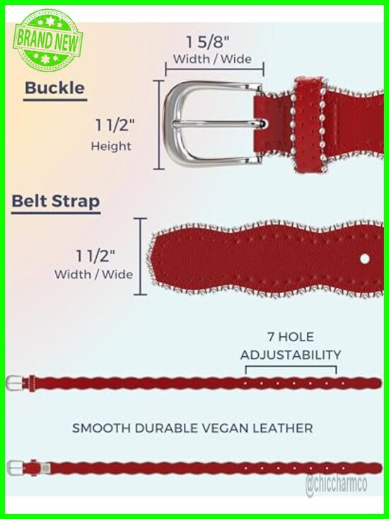 Red Vegan Leather Waist Belt with Wavy Edge, Silver Buckle main image 6
